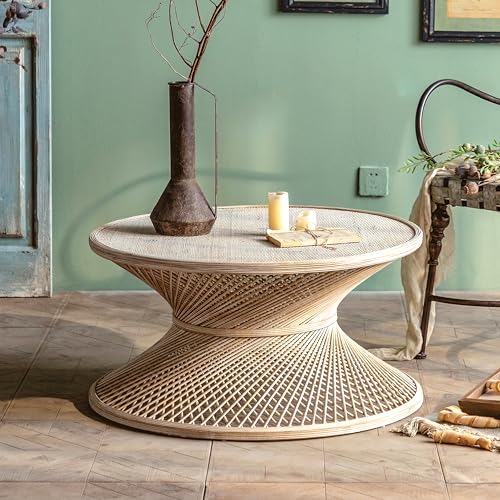 DS-HOMEPORT Round Rattan Coffee Table for Living Room, Natural Woven