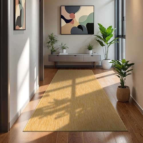 Paco Home Outdoor Teppich Flachgewebe Sisaloptik Modern Einfarbig meliert wetterfest & pflegeleicht Küchenteppich Ideal für Terrasse Balkon Garten, Grösse:80x250 cm, Farbe:Gelb