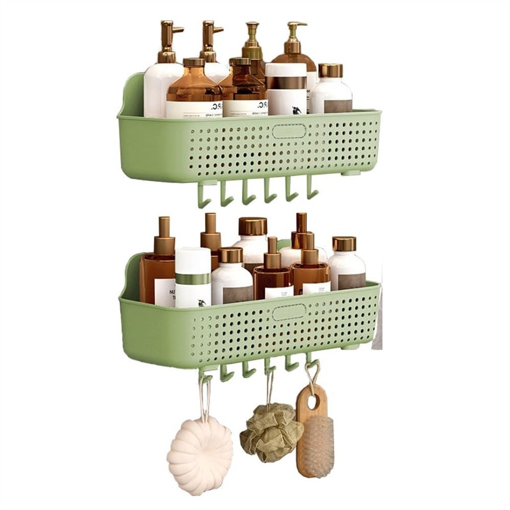 Estante de baño Cesta de ducha colgante, paquete de 2 cestas de almacenamiento de plástico for ducha, organizador de ducha adhesivo sin perforaciones con 6 ganchos for baño, cocina y balcón Estanteria