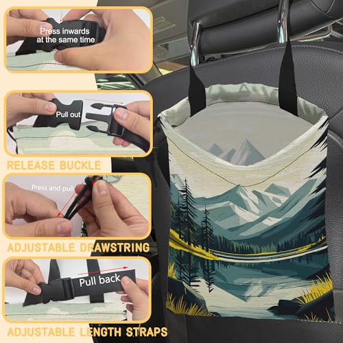 Image of Mountain Lake Car Trash Bag,Forest Tree Strap Drawstring Car Garbage Bags,Car Back Seat Organizer with Adjustable Buckle for Car Accessories