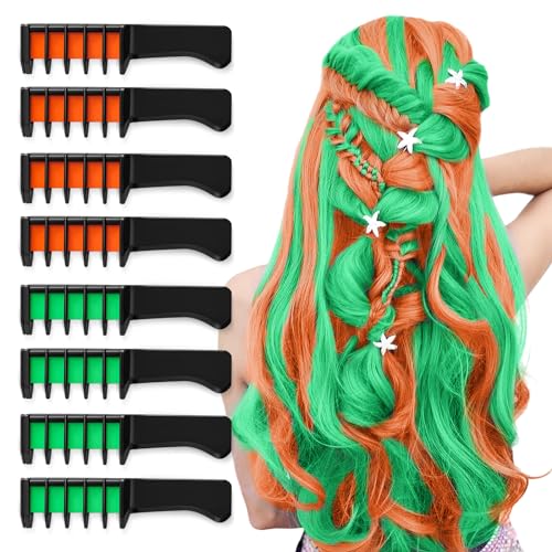 8 PCS Hair Chalks for Girls,Temporary Green & Orange Hair Chalk Comb for 6 7 8 9 10 11 12 Age Girl Kids Gift Washable Brighted Hair Colour Dye Comb for Halloween Christmas Cosplay