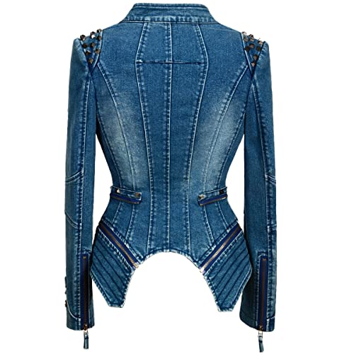 Sx Denim Jacket For Women Zipper Rivet Short Tailcoat Denim Long Sleeve Jean Motorcycle Jacket (Xl, Blue) #TOP3