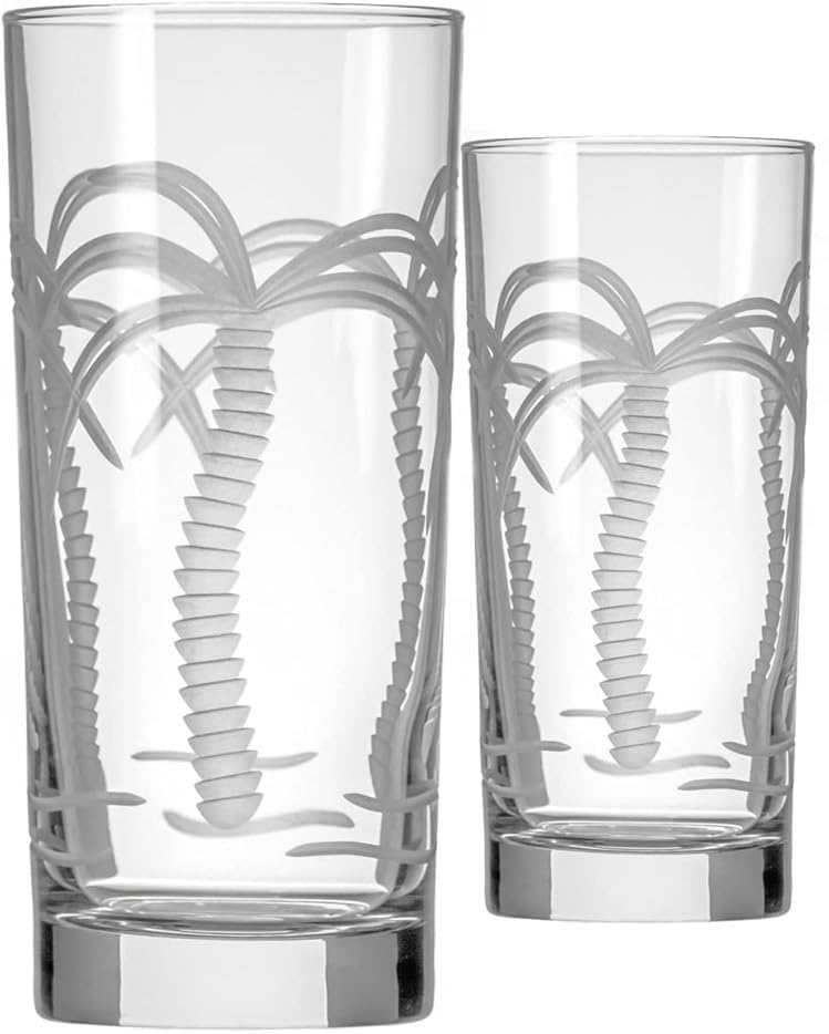 Rolf Glass Palm Tree Highball 15 ounce | Set of 2 Cooler Glasses | Lead-Free Crystal | Etched Drinking Glass with Heavy Base | Made in the USA