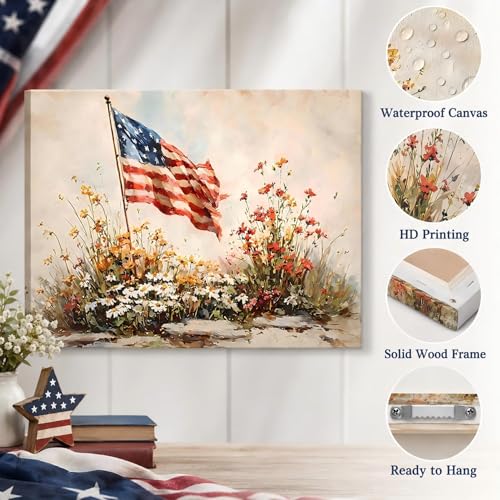Image of 4th of July Framed Canvas Wall Art 12x18in, Vintage Patriotic Prints Pictures, Farmhouse Decor Artwork for Living Room Bedroom Office Bathroom, Made in USA