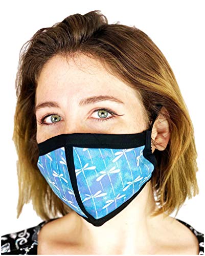 HARD EDGE DESIGN Made in USA Four Layer Cloth Face Mask - Ear Saver Behind the Head Elastic - Dragonfly, Adult, Original Cut