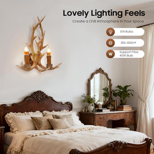 Image of Antique Style Deer Horn Wall Lamp,Rustic Antler Wall Sconces,Rustic Style Home Wall Light LED Living Room Metal Wall Sconce 14.9 * 19.7in