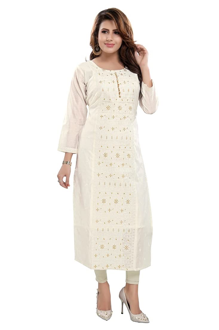 DARIKA Chanderi Cotton Kurti in White in Colour Hand Embroidery for Women Small & Plus Size.