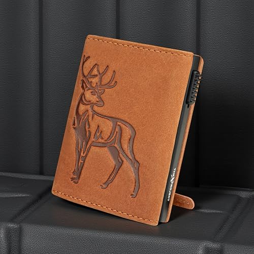Image of The X Project Staggo Trifold Wallet | Premium Genuine Leather | Aluminium Cardholder | Side Slide Pop-Up Card Ejector | Carry Up to 6 Cards and 1 Slot for Carrying Cash & Folded Bills (Tan)