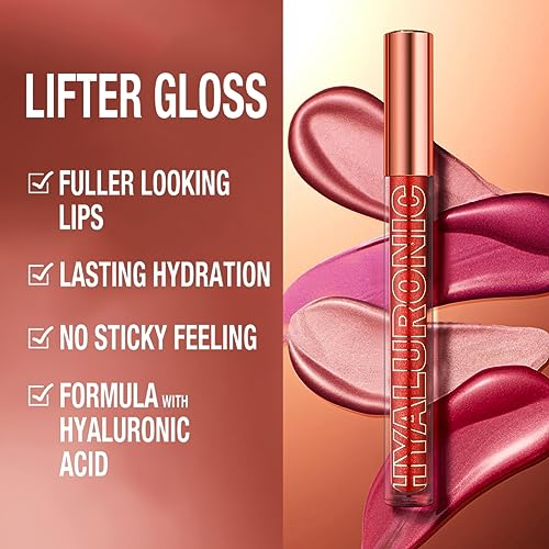 Ofanyia Hyaluronic Acid Lip Gloss, Shimmer Plumping Liquid Lipstick, Moisturizing Long-lasting Smooth Texture Lifter Lip Gloss with Heart Brush (01#) - Image 4