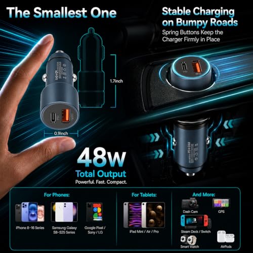 Image of Ailkin 48W Dual Output Car Charger Fast Charging with Type-C PD (36W) & USB(12W), Charging Adapter Compatible with Cars for iPhone 17 /16 /15 & Android Smartphone, Smartwatch, Earbud, Power Bank
