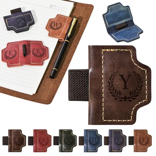 Personalized Magnetic Leather Bookmark with Pen Holder, 26 Letters Magnetic Leather Book Mark, for Readers, Travelers, Teachers, Book Lovers Gifts, Notebook Accessories (Brown, Y)
