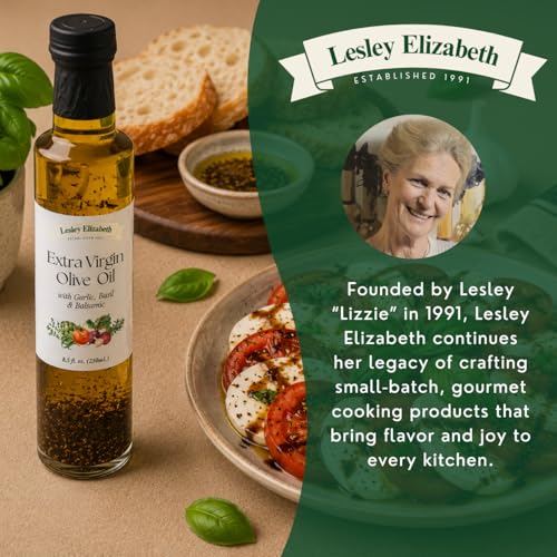 Image of Lesley Elizabeth Extra Virgin Olive Oil with Garlic, Basil & Balsamic, 8.5 fl oz - Small-Batch Herb-Infused EVOO for Dipping, Drizzling, Dressings & Everyday Cooking - All-Natural, Plant-Based Ingredients