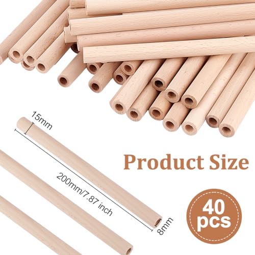 OLYCRAFT 40Pcs 200x15mm Hollow Wood Sticks Round Wooden Dowel Rod with 8mm Hole Unfinished Beech Wood Rods Natural Wood Round Rods for DIY Crafts Arts Projects - Image 2