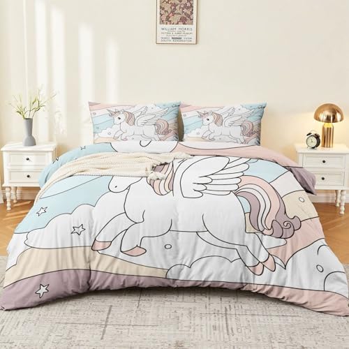 220 x 220 cm Multicolor Dibujos Animados Lindo Rayas Caballo Juego de Funda Nórdica 3 Piezas Ropa de Cama Transpirable Microfibra con 2 Fundas de Almohada 50x75cm Diseño Moderno Hogar