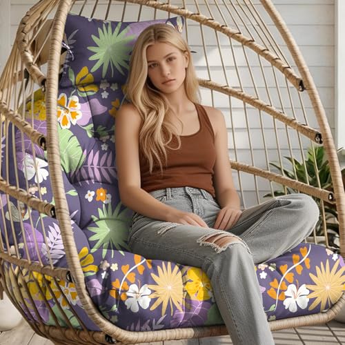 Tycdiose Outdoor Hanging Egg Chair Cushion Replacement, Extra Large Waterproof Egg Swing Cushions with Headrest Pillow and Ties, U-Shaped Thickened Cushion for Hanging Eggs Chair (Purple Floral Leaf)