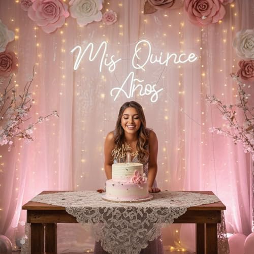 Image of Mis Quince Anos Neon Sign 30inch Custom Dimmable White LED Neon Light Sign - Personalized inchMis Quince Anos inch Birthday Wall Art, Home & Party Decor, Unique Gift for Girls
