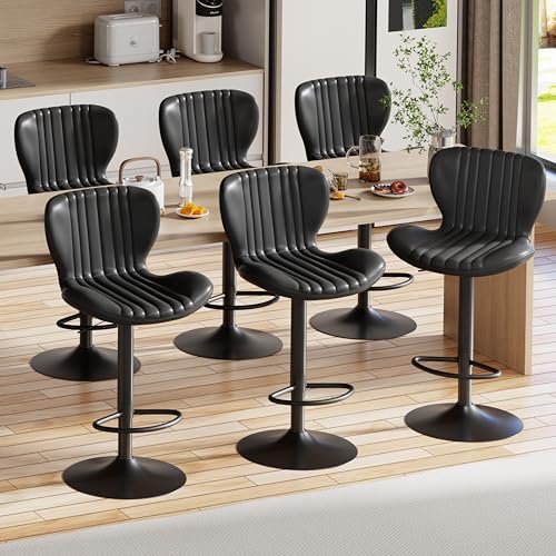 Image of Shintenchi Bar Stools Set of 6 Modern Swivel Bar Chairs, Counter Height Faux Leather Metal Barstools, Upholstered Island Chairs with Back and Footrest, Black