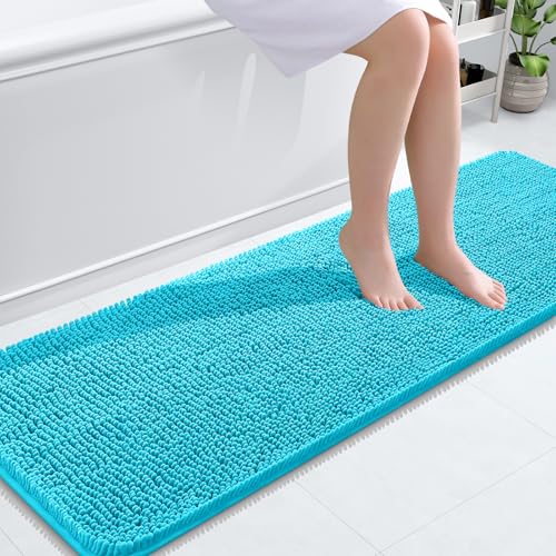Image of OLANLY Bathroom Runner Rugs 59x20, Soft Absorbent Chenille Bath Rugs, Rubber Backing Quick Dry, Machine Washable Long Bath Mats for Bathroom Floor, Tub and Shower, Home Decor Accessories, Aqua Sky