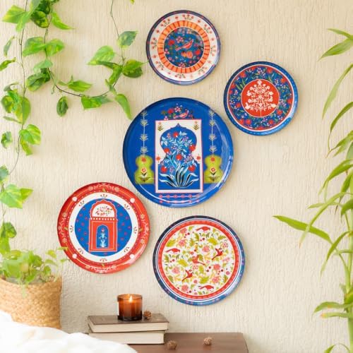 RITUALISTIC Indigo Jaipur Metal Wall Plates | Rajasthani City Palace Art | Wall Decor for Living Room, Bedroom & Hall | Wall Art & Showpiece | Gift for Women & Men | Set of 5 Assorted Sizes