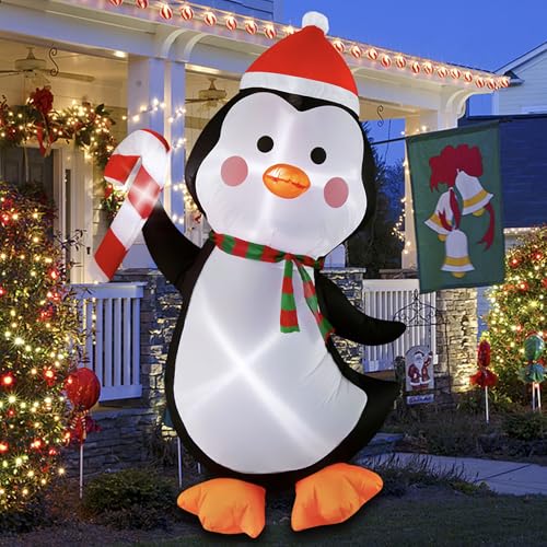 TwoBees 5FT Christmas Inflatables Outdoor Decorations Penguin Holding Candy Cane