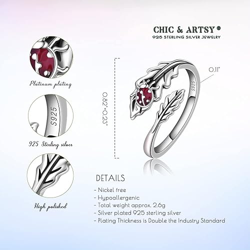 Miniatura 5 de CHIC & ARTSY Spoon Ring 925 Sterling Silver Spoon Rings for Women Dainty Tennis Guitar Ladybug Acorn Spoon Finger Rings Open Adjustable Leaf Ring