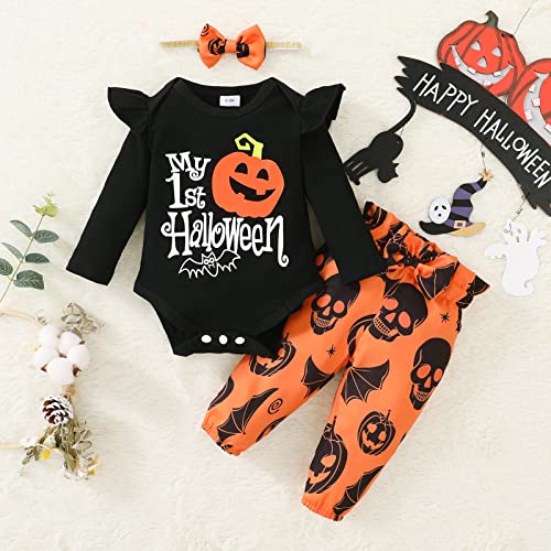 Baby Girls Halloween Outfits Ruffled Long Sleeve Pumpkin Romper Onesi