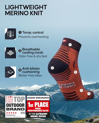 Image of DANISH ENDURANCE Merino Wool Low-Cut Hiking Socks - Breathable Ankle Socks for Men & Women, Anti-Blister for Outdoors, 3-Pack