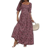 Vestidos maxi femininos boho verão 2025 manga bufante gola quadrada franzido casual babados em camadas vestido longo de praia com bolso, Preto, G