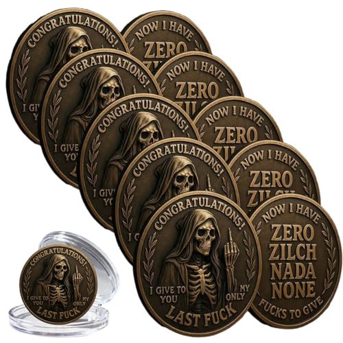 Last F*ck to Give Challenge Coin Funny Double-Sided Middle Finger Coin with Skull Design Sarcastic Decision Coin Gag Gift for Friends Office Humor Token for Men and Women (5PCS)