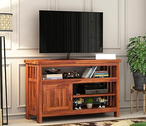 Image of Premium Solid Sheesham Wood TV Unit with 3 Shelves and 1-Door Storage for up to 45-inch TV - Elegant Living Room Furniture (Brewer, Honey Finish)