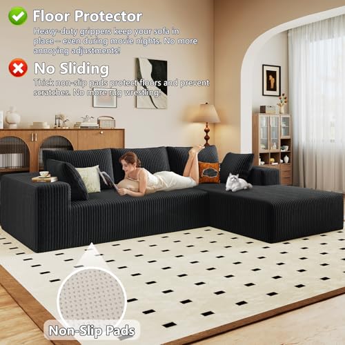 Image of 96 inch Modular Sectional Sofa, Modern Corduroy Cloud Couch with Deep Seat, Boneless Couch Upholstered 3-Seater L-Shaped Sofa for Living Room, No Assembly Required (Black, Right-Facing Chaise)