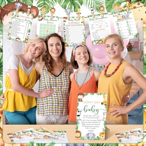 Image of Patelai 321 Safari Animal Baby Shower Games Jungle Animal Shower Birthday Party Supplies Wooden Don't Say Baby Theme Gender Reveal Party Games 5 Sets Activities Cards 20 Pencils 50 Clothespin