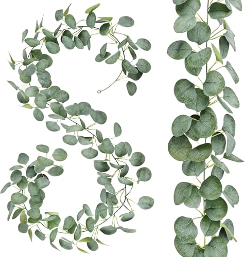 2 Pack Artificial Eucalyptus Garland: 12ft Silver Dollar Eucalyptus Leaves Vines with 156 Leaves - Handmade Faux Silk Leaf Greenery Garland for Table Wedding Party Mantel Wall Indoor Outdoor Decor