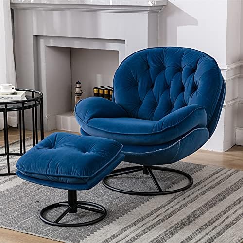 Baysitone Velvet Swivel Chair with Ottoman Blue