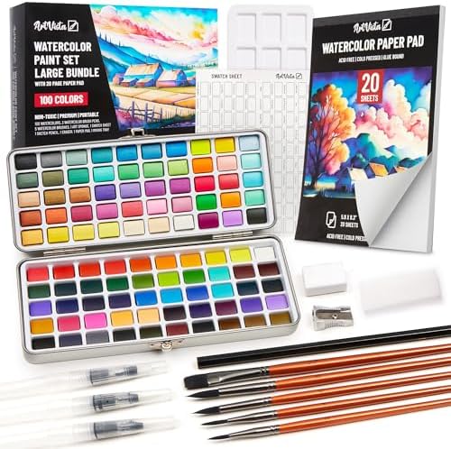 Premium Watercolor Paint Set Bundle with 100 Bright Colors & Pape...