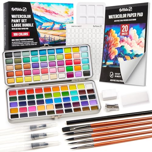 Premium Watercolor Paint Set Bundle with 100 Bright Colors & Paper Pad for Beginners & Professional – Painting Kit & Art Supplies for Adults – Travel Watercolor Set with Metallic Watercolor Paints
