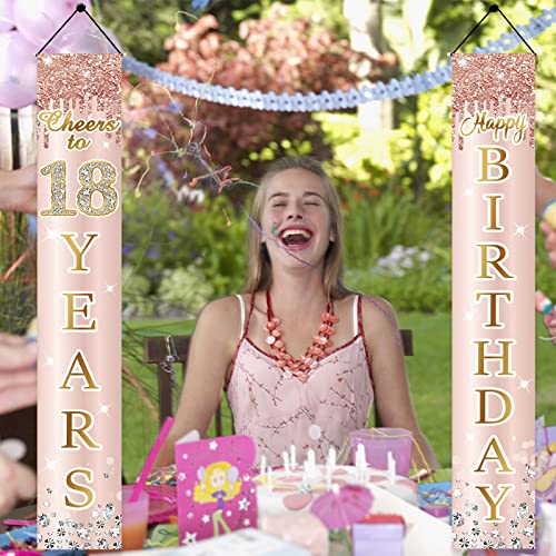18th Birthday Door Banner Decorations for Girls, Pink Rose Gold Happy Eighteen Birthday Door Porch Backdrop Party Supplies, Happy Birthday Cheers To 18 Years Sign Decor by Excelloon - Image 5
