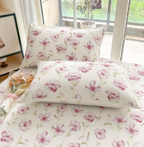 Image of VOMZER King Size (72x78) 300 TC Soft Cotton Feel Microfiber All Around Elastic Fitted Double Bedsheet with 2 Pillow Covers | Pink Rose