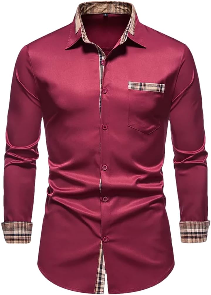 Men's Patchwork Dress Shirt Long Sleeve Button Down Slim Fit Business Shirt Regular Fit Burgundy A216 L