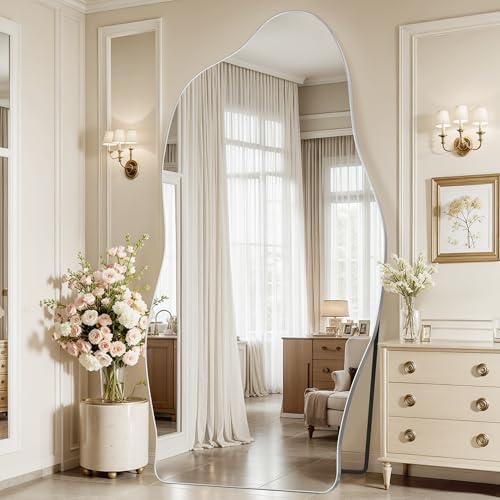 Antok Irregular Full Length Mirror, 81"x41" Asymmetrical Floor Mirror with Stand, Standing Hanging Leaning Irregular Mirrors for Bedroom Living Room Entryway, Cloud Shaped, Silvery