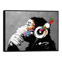 Wieco Art Black Framed Monkey With Headphones Banksy Graffiti Art Abstract Canvas Painting Posters and Prints Animal Canvas Wall Art for Wall Decor and Home decorations