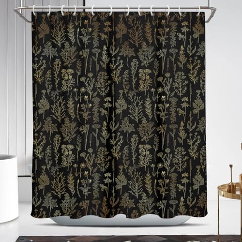 Coxila Vintage Floral Shower Curtain Black and Gold Boho Gothic Flower Aesthetic Whimsical Goth Moody Dark Botanical Witchy Nature Art Cottagecore Bathroom 60 x 72 Inch Polyester Fabric 12 Pack Hooks