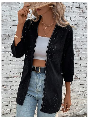 Image of MakeMeChic Women's Open Front Cardigan Sweater Hollow Out 3 /4 Sleeve Cardigan Black Small