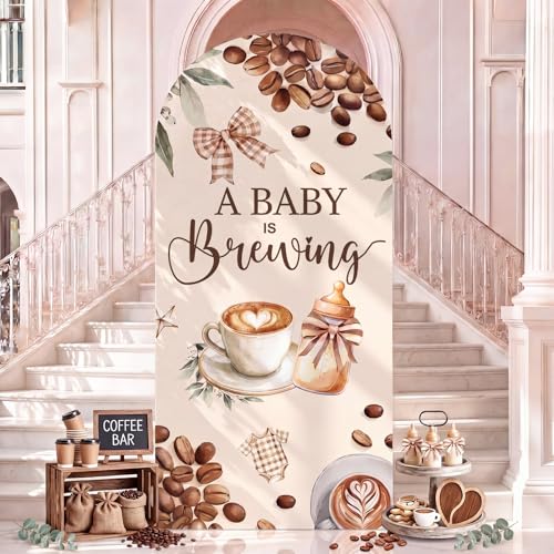 Tegeme 7.2ft A Baby Brewing Arch Backdrop Cover Coffee Themed Baby Shower Decoration Large Brown Coffee Bean Theme Backdrop Party Favor for Gender Reveal Welcome Boy Girl Party Supply Decorations
