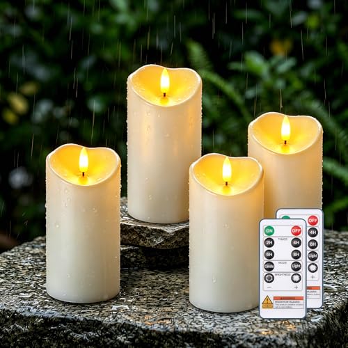 Image of Raycare 6 inchx3 inch Outdoor Waterproof Flameless Candles with Remote and Timer, Battery Operated LED Electric Fake Pillar Candle for Home Wedding Decor, Ivory White, Set of 4