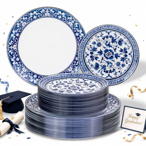 Hioasis 60pcs Blue Plastic Plates Set - Floral Blue & White Porcelain Design 10.25 Dinner & 7.5 Dessert Plates Disposable for Wedding (Dishwasher Safe Art Style)