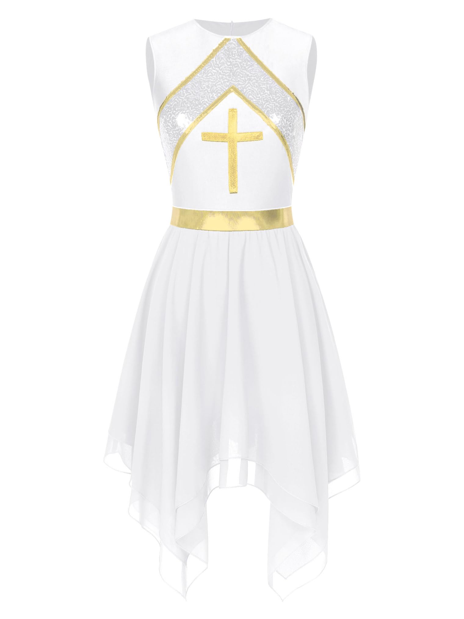Women's Satin Lyrical Worship Praise Dance Dress Tunic Overlay Gold Cross Liturgical Dance Costume