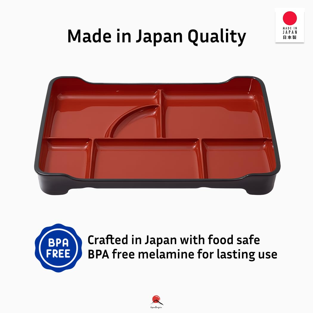 JapanBargain 1590, Lot de 2 boîtes à bento japonaises traditionnelles en plastique laqué 6 compartiments pour restaurant ou maison, couleur rouge et noir, 35,6 x 23,5 cm, fabriquées au Japon