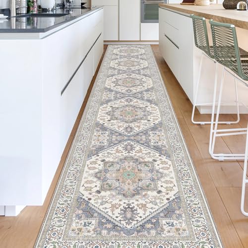 OPPODREAM Soft Entryway Rug 2x12, 2x12 Rug Runner, Washable Hallways Carpet 2 x 12 with Non Slip Backing, Low-Pile Bedside Carpet 2 x 12, Long, Faux Cashmere, Purple & Green & Cream