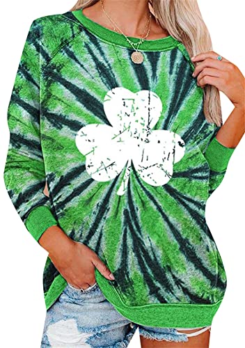 Image of Womens St. Patrick Day Lucky Clover Sweatershirt Crew Neck Long Sleeve Blouse Graphics Tie Dye Pullover